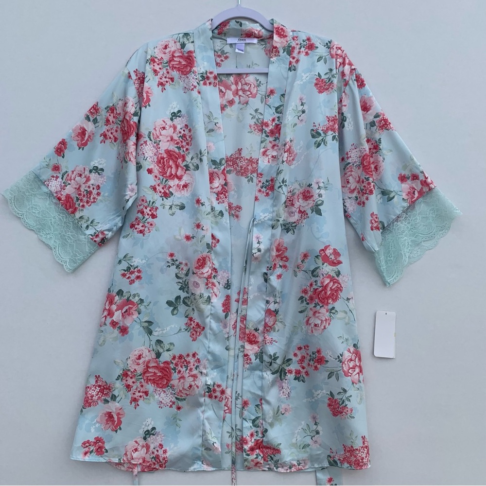 FLORA by Flora Nikrooz Women’s Light Blue / Green Floral Robe Size Medium